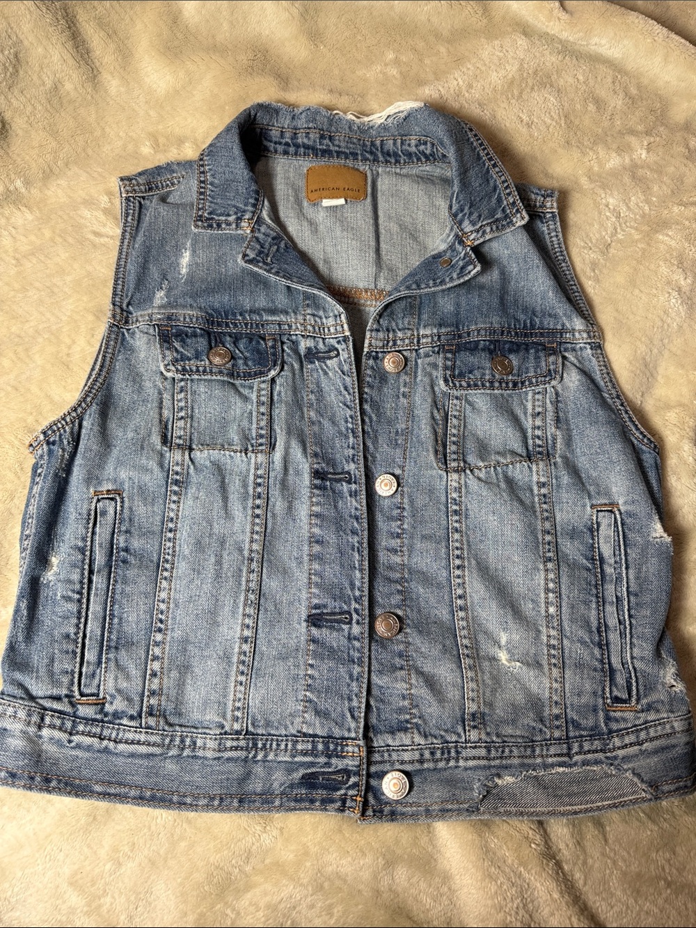 American Eagle Light Blue Denim Vest with Tan Patch